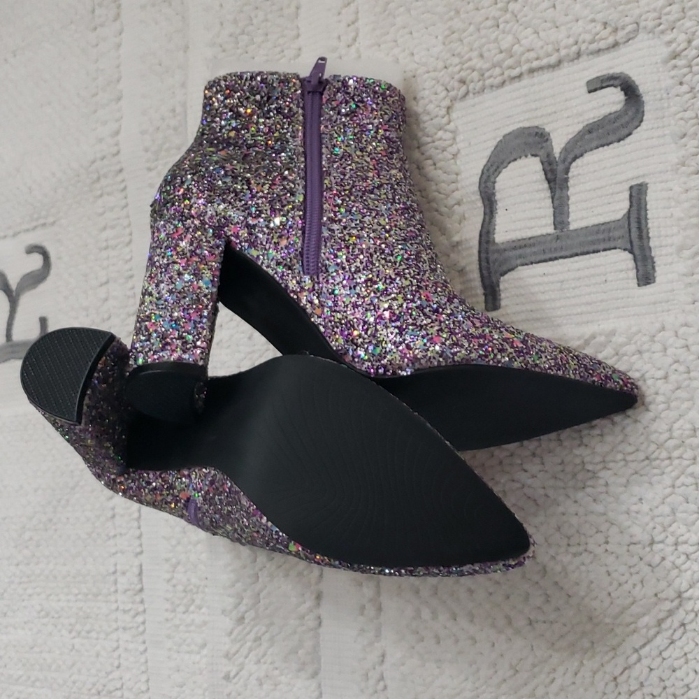 ALLEGRA K GLITTER POINTED TOE CHUNKY HEEL PURPLE ANKLE BOOTS - Picture 5 of 12